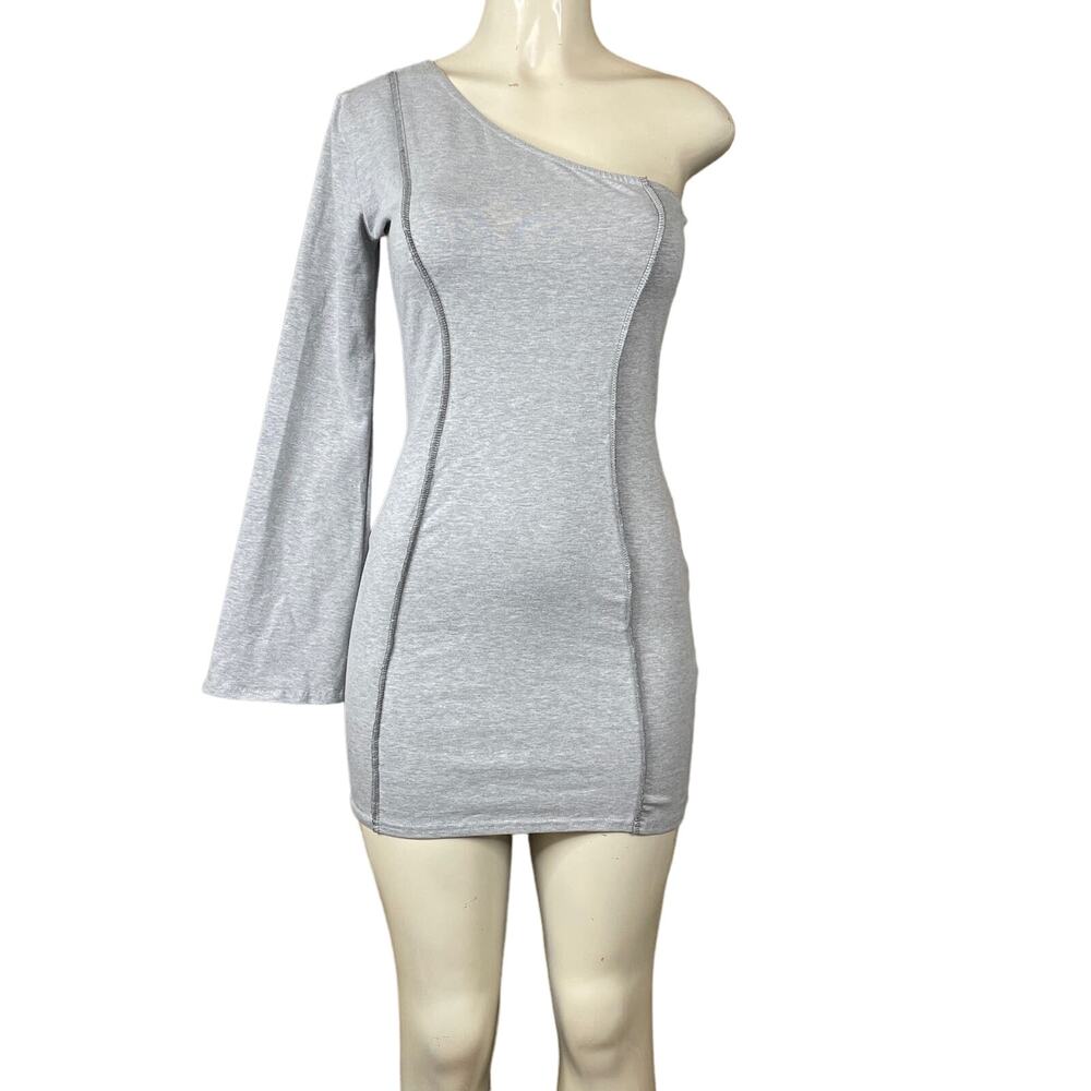 Pretty Little Thing Asymmetric Binding One Shoulder Bodycon Dress Grey Sz 6 NWT